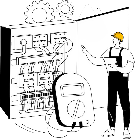 Panel electrico ilustrado con tecnico de mantenimiento